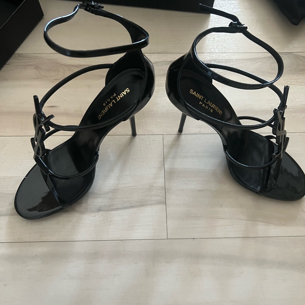 Saint Laurent Glossy Black Strappy Heels - Picture 4 of 6